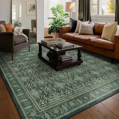 Jainmy Washable Rugs 8x10 Dark Green, Floral Moroccan Pattern Printed Vintage Boho Styler for Living Room Bedroom, Non Slip Low Pile Thin Carpet Rug for Dining Room Guest Room Office