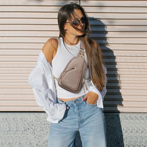 Image of Kattee Sling Bag for Women, Leather Fanny Packs Crossbody Purse, Small Chest Bag with RFID Blocking, Khaki