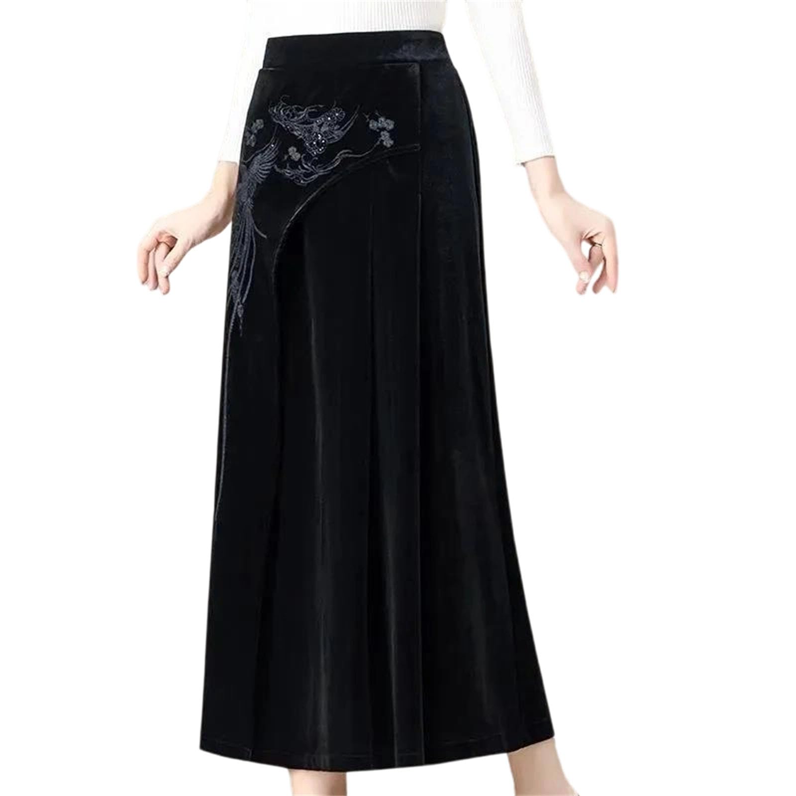Womens Large Size Long Skirts Fall Middle Aged Mother Embroidery High Waist Fleece Maxi Skirts