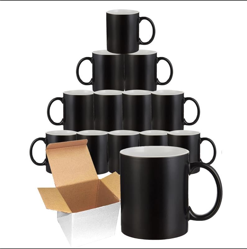 Gift Hub Colour Changing Sublimation Mugs 11oz (Pack of 12) - Matt Gloss Heat Change Custom Photo Cup - Personalised Magic Mug for Heat Press Transfer Coffee Cup