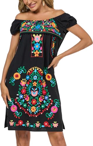 YZXDORWJ Women Mexican Embroidered Dress Casual Loose Bohemian Floral Dress Short Sleeve Long Maxi Summer Beach Swing Dress2