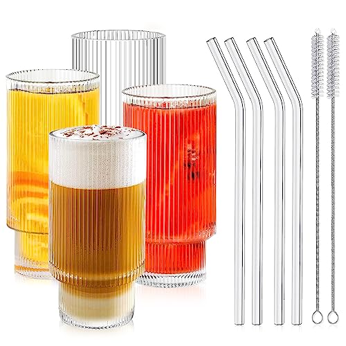 DUNSOO Lot de 4 Verre Avec et Paille, 310ML Verre Strié pour Smoothies, Thé, Cola, Jus de Fruits, Soda, Cocktails