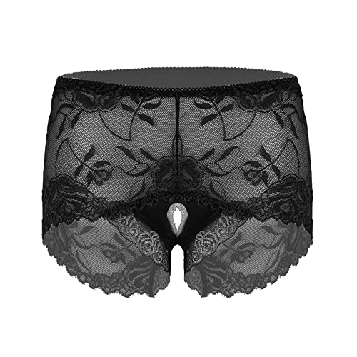Kaerm Calzoncillos de encaje transparente para mujer, entrepierna abierta, cintura media, pantalones cortos hipster panties bragas bragas bragas con estampado floral erótico ropa de dormir, Negro , L