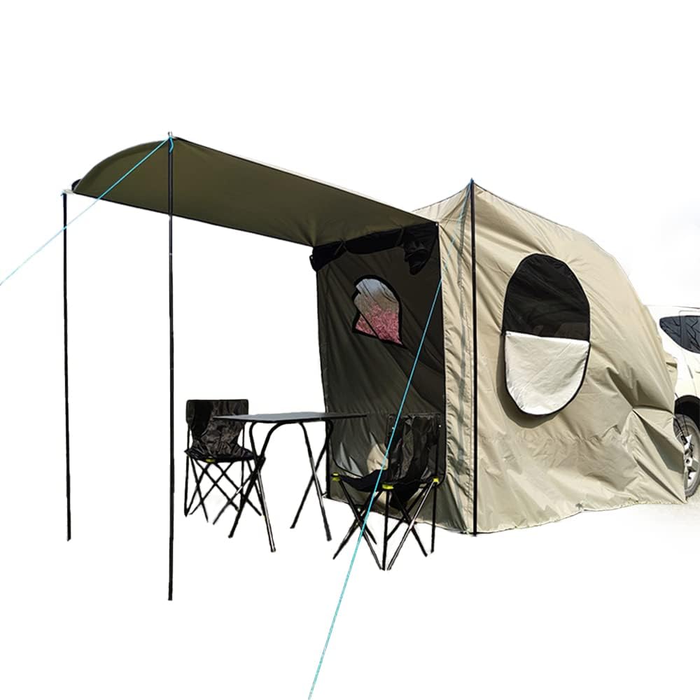 TentHome Waterproof SUV Tailgate Tent Awning Canopy with Floor, Car Tent Attachment for Camping Hatchback,Fit for CUV, SUV and Minivans (Warm Grey (with poles))