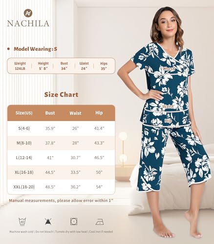 Image of NACHILA Bamboo Viscose Pajamas for Women Lace V Neck Capri Pants Pjs Set
