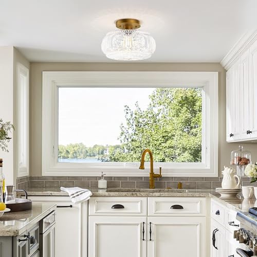 Image of 11 Inch Globe Glass Semi Flush Mount Ceiling Light Fixture, Gold