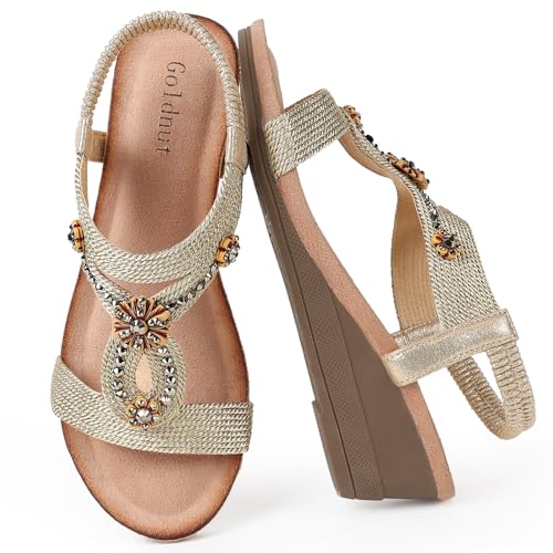 Image of Wedge Sandals for Women Dressy, Woman's Sandal Comfortable Low Wedges Heels Ankle Elastic Strap Sandles with Flower Rhinestones