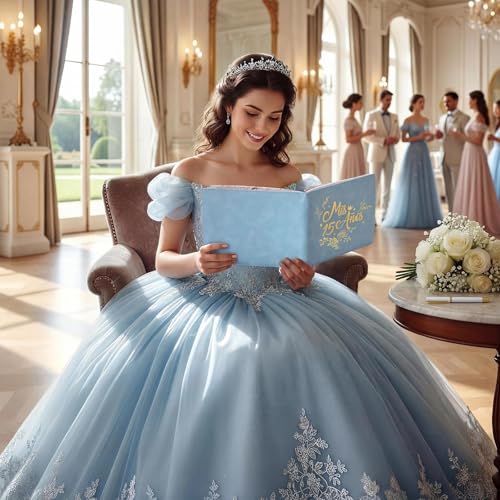 Image of MotiMind Quinceanera Guest Book with Pen 11 x 8 Inch Libro De Firmas Para 15 Anos Quinceanera Leather Hardcover Signature Book Guest Sign in for 15th Party Favors Decoration(Blue,Fresh)