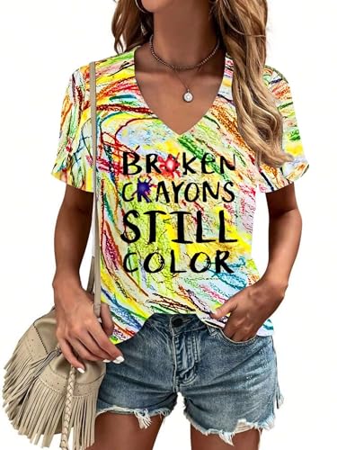 Funny V Neck T Shirt Women Mental Health Awareness Shirt Cute Letter Print Short Sleeve Shirt Tops3