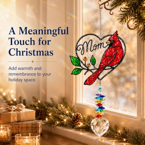 Image of Mom Memorial Ornament, Acrylic Heart Cardinal Suncatcher with Crystal Pendant, Stained Glass Style Christmas Tree Hanging Decor, Sympathy Gift for Loss of Mother, Bereavement Remembrance Gift