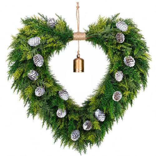 Pinkpum 22" Heart Shaped Christmas Wreath for Front Door with Gold Bells - image 1