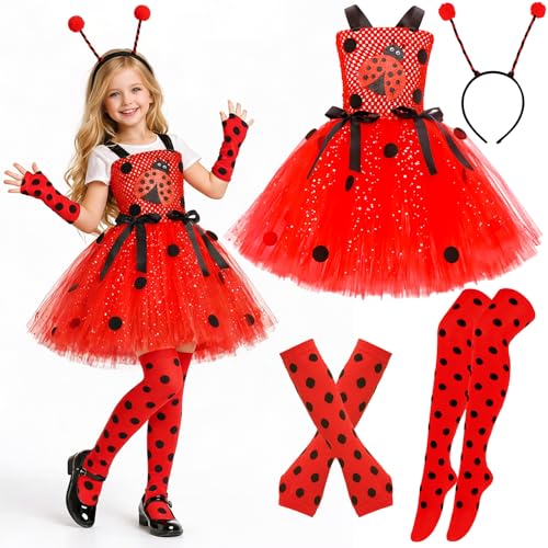 Jococs Ladybug Dress Red Ladybird Costume Set Princess Dress Up Clothes Fairy Outfit Accessories for Party Cosplay (XL)