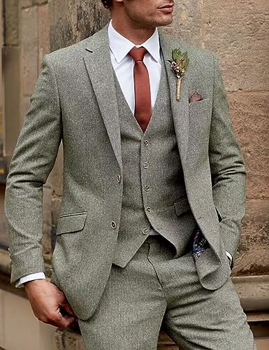 Men Suits Fashion Slim Fit 3 Pieces Party Tuxedos Tweed Herringbone Blazer+Vest+Trousers Wedding Grooms3