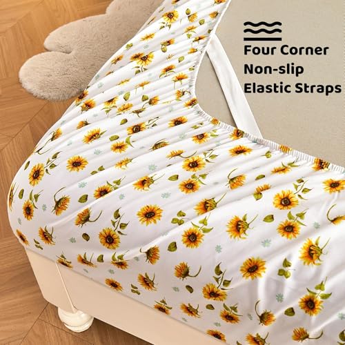 Image of Softan Floral Sheet Set Queen, Sunflower Printed Bed Sheets Queen, Cozy Double Brushed Microfiber Fitted Sheet with 15 inch Deep Pocket and Corner Straps, Cute Yellow Flower Sheet & Pillowcase Sets