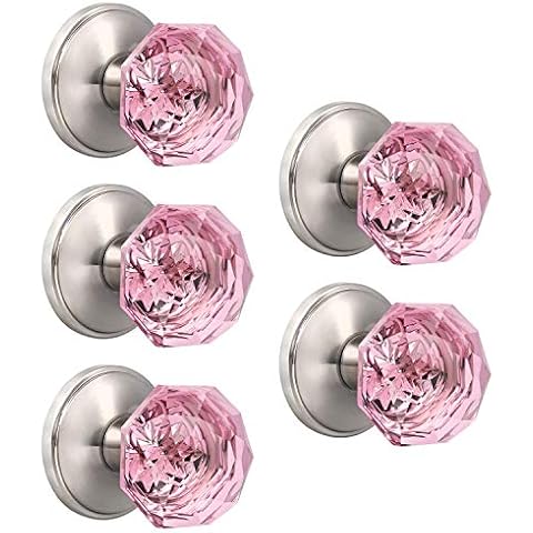 5 Pack Crystal Dummy Door Knobs Pink Glass Keyless Door Knobs Satin Nickel Non-Turning Interior Door Knobs Cover