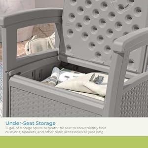 Suncast Elements Outdoor Resin Club Chair with 11-Gal. Storage Area, Modern Storage Chair for Patios, 18.75" W x 18.75" D x 18" H, Gray Suncast Elements Outdoor Resin Club Chair with 11 Gal Storage Area Modern Storage Chair for Patios 1875 W x 1875 D x 18 H Gray