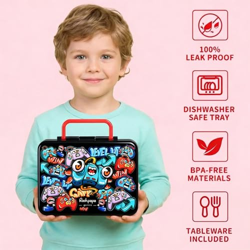 Image of rockpapa 5.5 Cups Bento Lunch Box for Kids, 5-Compartment, Games