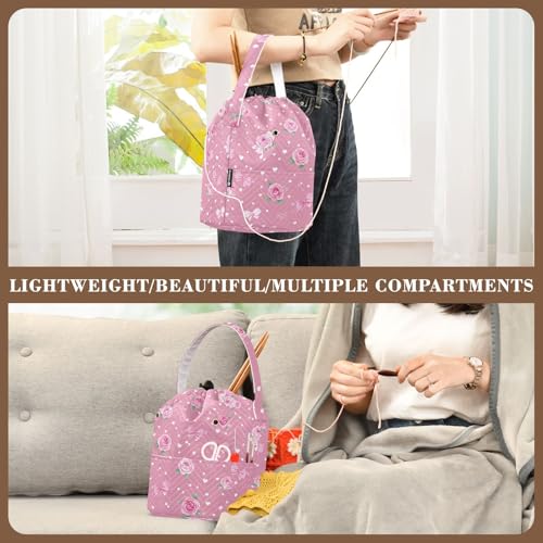Image of ElliTarr Crochet Bag Yarn Bag with Handle Portable Knitting Project Bag Travel Yarn Storage Organizer Holder Case Pink Valentine Heart Roses Bows