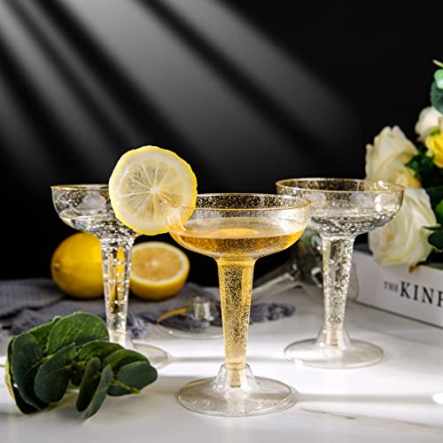 Pulote 50 Pack Plastic Champagne Flutes-Gold Glitter Plastic Champagne Glasses 4.5 Oz-Plastic Champagne Glasses For Wedding&Party- Plastic Champagne Coupe-Plastic Cocktail Glasses For Home&Daily Life #TOP6