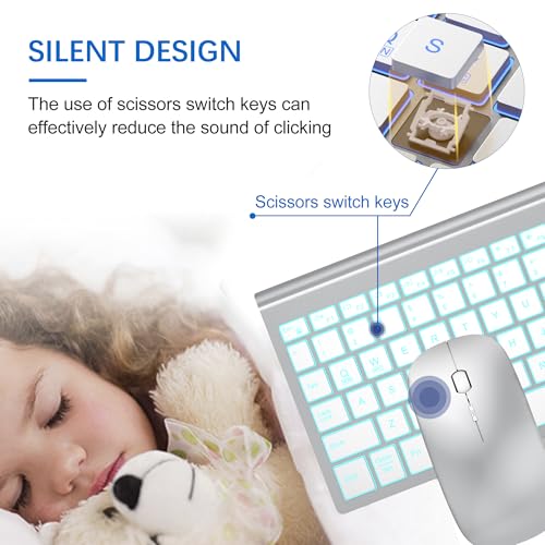 Image of Wireless Backlit Keyboard and Mouse Ultra Slim Combo, TopMate 2.4G Silent Compact 2400DPI Mouse and Scissor Switch Keyboard Set, Batteries Included, for PC /Laptop /Windows /Mac /Gaming - BL Silver White