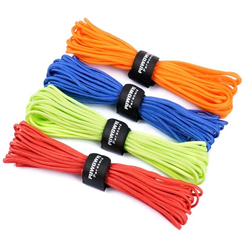 PUWOWYE 40m Paracord 4mm, 4 Stück 33ft Type III Paracord Schnüre Seil 7 Kern-Strängen, Nylonseil Paracord aus reißfestem 100% Nylon, Hält bis zu 250kg, Ideal für Outdoor Survival Camping, 132ft