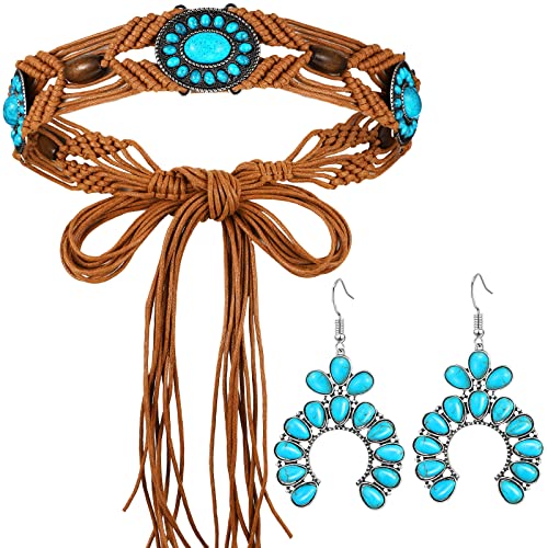 2 Pcs Turquoise Braid Waist Belt Set with Beaded Dangle Earrings Bohemian Rope Belt with Tassel Western Jewelry for Women