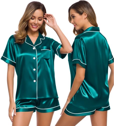 Image of SWOMOG Womens Silk Satin Pajamas Set Short Sleeve Sleepwear Button Down Top and Shorts Loungewear 2 Piece Pjs Set XS-3XL