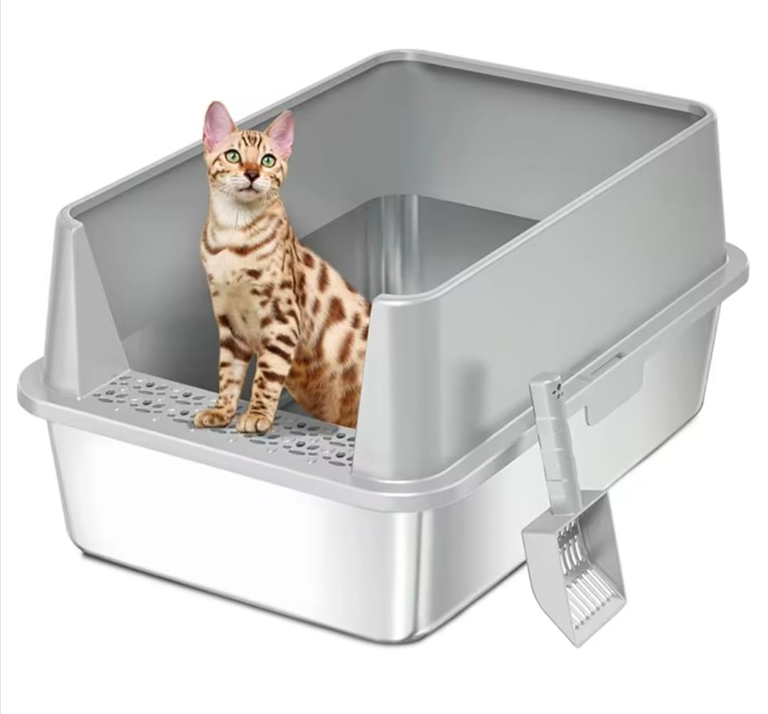 Stainless Steel Cat Litter Box with Lid, XL High Sided Enclosure, Scratch-Resistant, Odorless, Non-Sticky Metal Pan for Large & Multiple Cats, Kitty Litter Box,Includes Scoop,Caja de Arena para Gatos