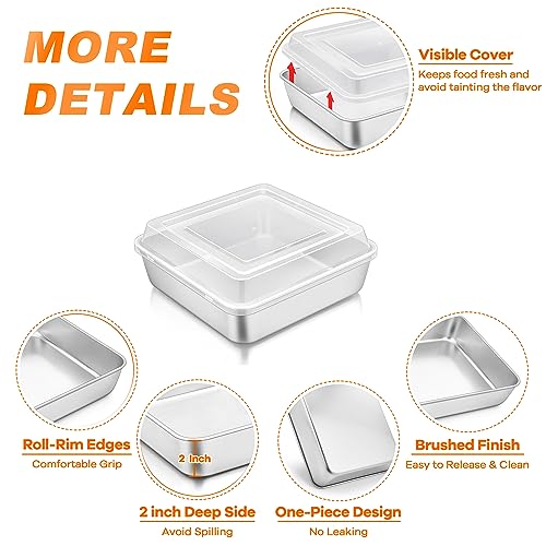 Image of TeamFar 6 x 6 Inch Square Cake Pan, Stainless Steel Square Baking Pan with Lid for Brownie Lasagna, Non-Toxic & Heavy Duty, One-Piece & Smooth, Dishwasher Safe & Easy Clean (2 Pans + 2 Lids)