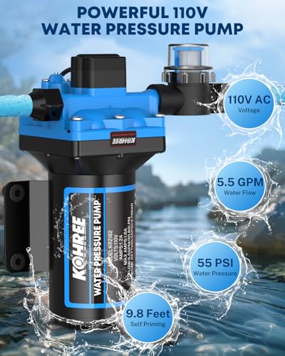 Image of Kohree 110V AC Water Pressure Pump, 5.5GPM 55 PSI, On Demand Self-priming RV Fresh Water Pump, 4-Chamber Diaphragm Pump with Pressure Switch and Strainer for RV, Marine, Garden, Kitchen, Bathroom