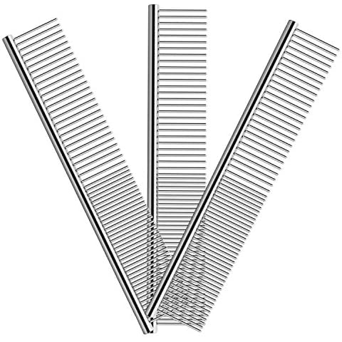 Elfirly Dog Combs for Removing Tangles and Knots - Cat Comb with Stainless Steel Teeth, Pet Grooming Brush Tool for Long and Short Hair (3 Pack - 7.4 IN) Cover