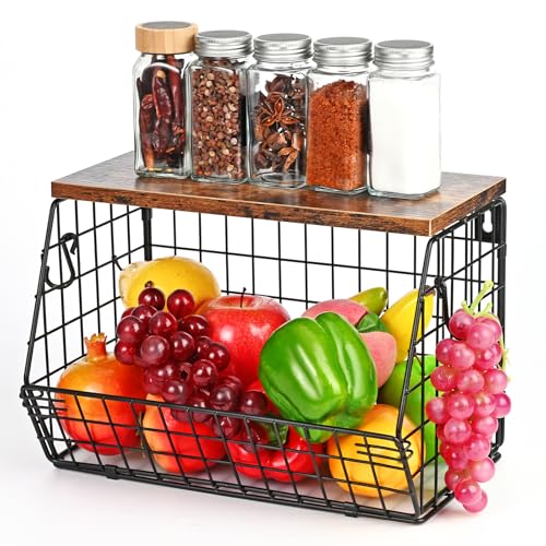 LustLocke Fruteros de Cocina, Cesta de Frutas y Verduras Colgante & Apilable Frutero de Pared con Tapa de Madera y 4 Ganchos, Organizador Fruteiras de Cocina para Almacenar Fruteira y Aperitivos