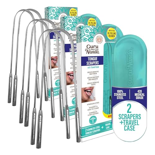 Image of GuruNanda Tongue Scraper for Adults (6 Pack) with Travel Case, 420 Medical-Grade 100% Stainless Steel Tongue Cleaner, Aids in Fresh Breath & Oral Care