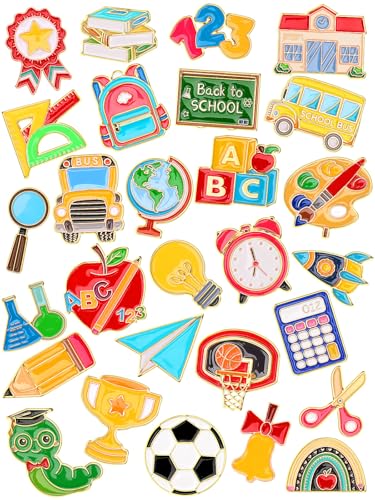 Image of JUNEBRUSHS 28PCS Back to School Enamel Pins Cute Brooch Pins | Welcome Back to School Party, Classroom Favor Supplies, Exchange Gift Clothes Hat Accessories