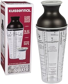 Recipe Cocktail Shaker, 16oz, Includes 6 Mixed Drink Recipes Jigger, Strainer