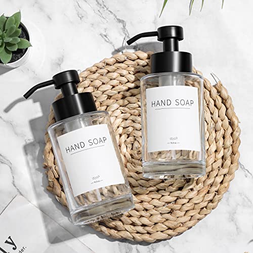 Foaming Soap Dispenser Set, 12 Oz Glass Hand Soap Dispenser with 304 Rust Proof Stainless Steel Pump, Waterproof Labels, for Bathroom Decor Kitchen College Dorm, Clear Black Pump 2 Pack by JiatuA - Image 2