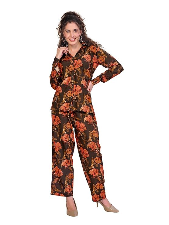 Purple & Pink Printed Shirt and Pajama Cord Set for Women – Olive Green | Top and Bottom Matching Co-ords Set | Casual Wear, Night Wear and Sleepwear