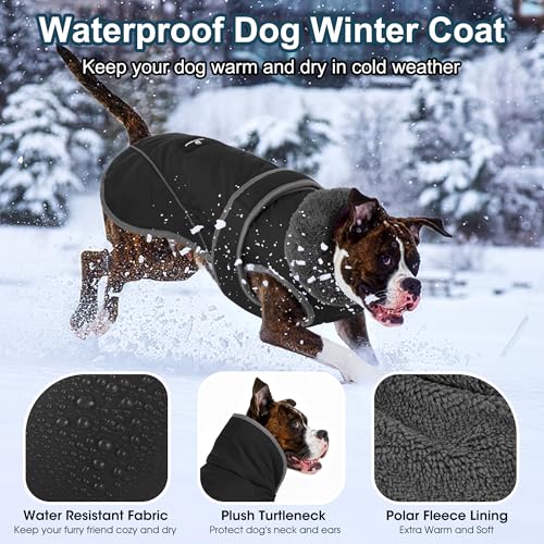 Image of Dogcheer Dog Coat, Waterproof Dog Jacket Reflective Pet Winter Coat with Adjustable Hook & Loop, Christmas Puppy Fleece Jacket Warm Turtleneck Snowsuit for Small Medium Large Dogs - Black, L