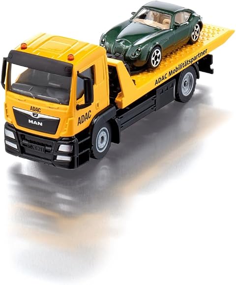 Siku 2722, Carro Attrezzi MAN ADAC, Inclusa Auto Giocattolo, 1:55, Metallo/Plastica, Giallo, Fedele all'Originale, Verricello a Cavo Estensibile, Piattaforma di Trasporto Inclinabile e Abbattibile