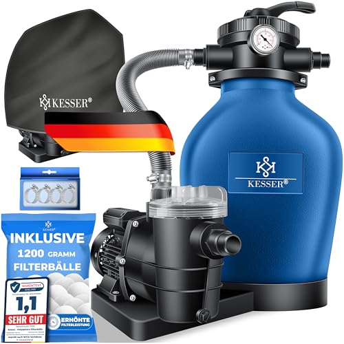 KESSER® Sandfilteranlage mit Pumpe & 1200g Filterbälle | Poolfilter 600W | Sandfilter für Pool 13200L/h Durchfluss | Tankvolumen bis 30kg Sand | 7-Wege Ventil mit Druckmanometer, Abdeckung & Zubehör