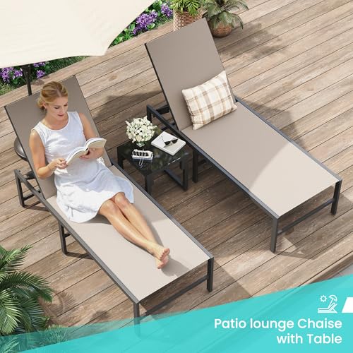 Image of Amopatio Patio Lounge Chair Outdoor Chaise Lounge Set of 2 for Pool | with Side Table Weather Resistant 5-Position Adjustable Backrest Heavy Duty Steel Frame 400 LBS Capacity;Khaki