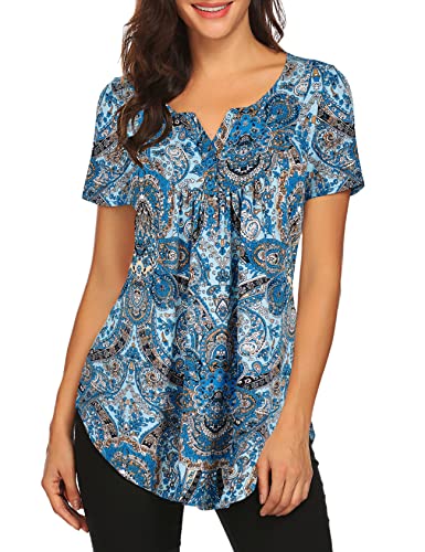 Halife Damen Floral Printed Kurzarm Henley V Ausschnitt T-Shirt Plissee Casual Flowy Tunika Bluse Tops, Blau mit Paisley-Muster, Large