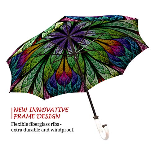 Extra Large Umbrella Windproof - Stick Designer Umbrella For Women - Colorful Rain Umbrella With Hook Handle - Purple Stained Glass Umbrella Peacock Design - Fashion Umbrella Durable For Wind #TOP2