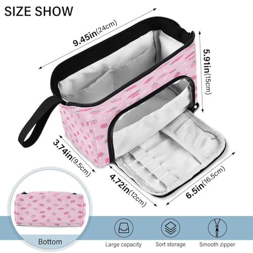 Image of Portable Pencil Case Pen Bag with Zipper, Pink Strawberry Polka Dot Large Pencil Pouch Pen Case Stationery Bag for Office School Student, Multifunctional Pen Box for Girl Boy Men Women