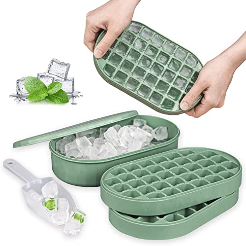 Theuwnee® 2 Bandejas para Cubitos de Hielo con Cubo de Hielo, Molde para Hacer Bolas de Hielo para congelador, 72 Piezas para Hacer Mini de Hielo (2 Bandejas de Hielo+Cubeta +Pala) (Verde) Cover