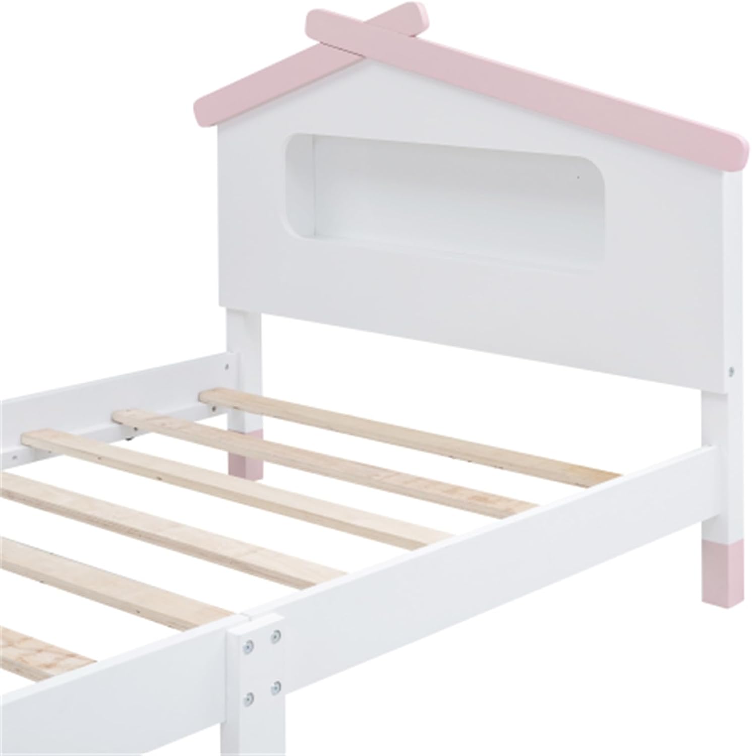 Twin Size Wood Platform Bed with House-Shaped Headboard and Motion Activated Night Lights (White+Pink)