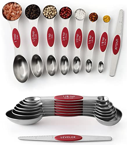 Spring Chef Red Stainless Steel Magnetic Measuring Spoons Set of 8 with Leveler, Metal Teaspoon & Tablespoon Measuring Spoons with Strong Magnets, Kitchen Gadgets for Baking & Cooking - Set of 2