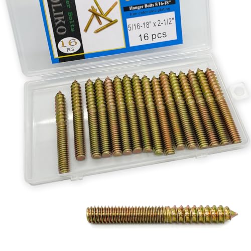 Yoliko 16 Pack 5/16-18 x 2-1/2 Inch Hanger Bolts 5/16-18' Double Headed Bolts 5/16 Wood Dowel Screw Self-Tapping Screw Hanger Bolts for Furniture Screws Double Screw Threaded Rods Bolt 63.5mm Length