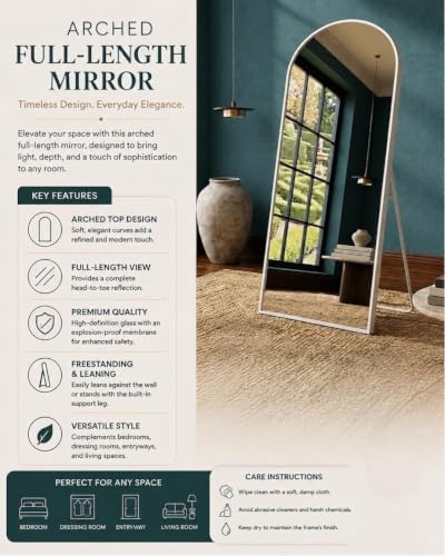 Image of SW.Creation Premium Arched Full Length Floor Mirror with Stand | X-Large White Metal Frame Full Body Dressing Mirror for Bedroom, Living Room & Home Decor (145 x 46 cm) (X-Large,White)