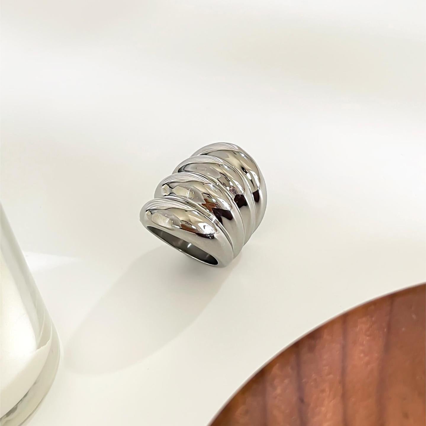 Kokoma Long Chunky Statement Ring for Women Stainless Steel Thick Dome Finger Band Layered Stackable Rings Geometric Ring Fashion Jewelry - Image 4